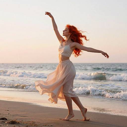 Photograph of a red-haired woman in a white sleeveless top and flowing skirt dancing barefoot on a sunset beach, waves in background.