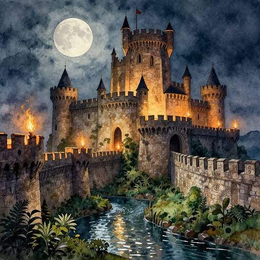 Digital painting of a medieval castle illuminated by torches, under a full moon, with a flowing river and lush greenery in the foreground.