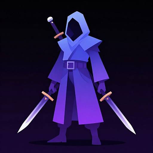 Digital illustration of a shadowed, hooded figure in a blue, long coat, holding two glowing swords and a sheathed sword on their back.
