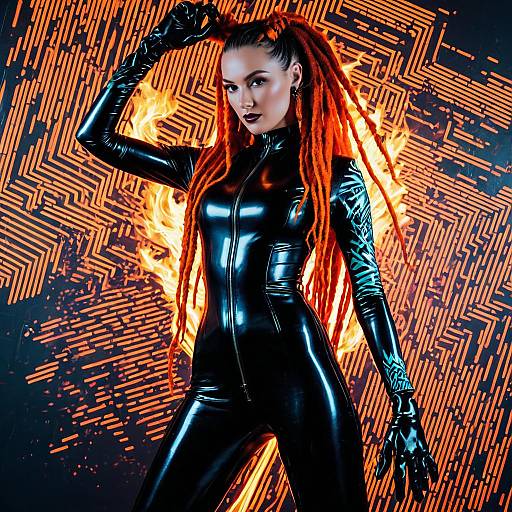 Futuristic Woman in Latex Catsuit with Flaming Dreadlocks