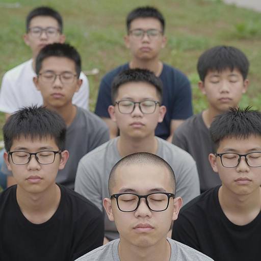 Group of Asian boys meditating outdoors
