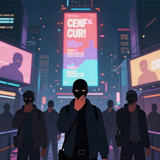 Cyberpunk City with Censored Screens and Masked Figures