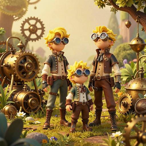 Photorealistic CGI of three steampunk dolls with yellow hair, goggles, brown vests, and pants, standing among vintage gears and flowers.