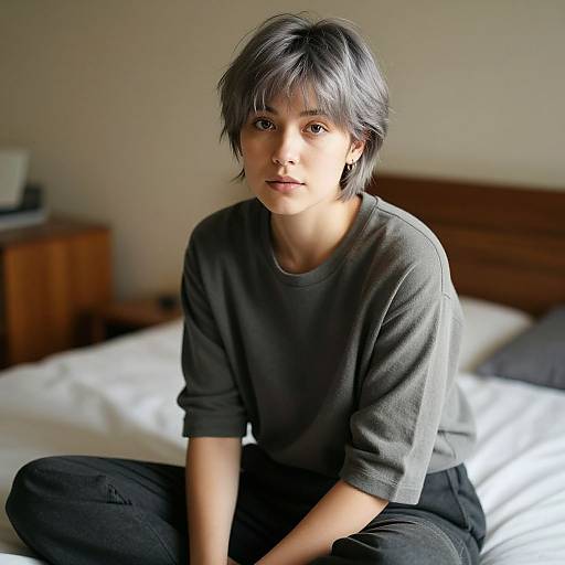 Thoughtful Woman with Stylish Gray Hair