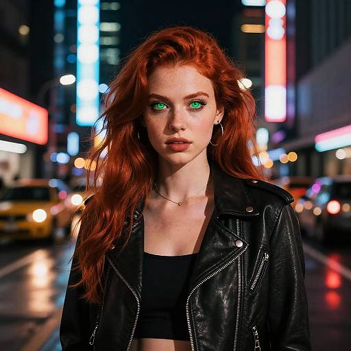 Photograph of a red-haired woman with green eyes, wearing a black leather jacket and crop top, standing in a neon-lit, busy city street