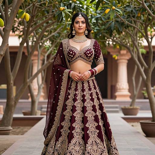 Photograph of a stunning Indian bride in a maroon and gold embroidered lehenga, standing in a garden with lemon trees.