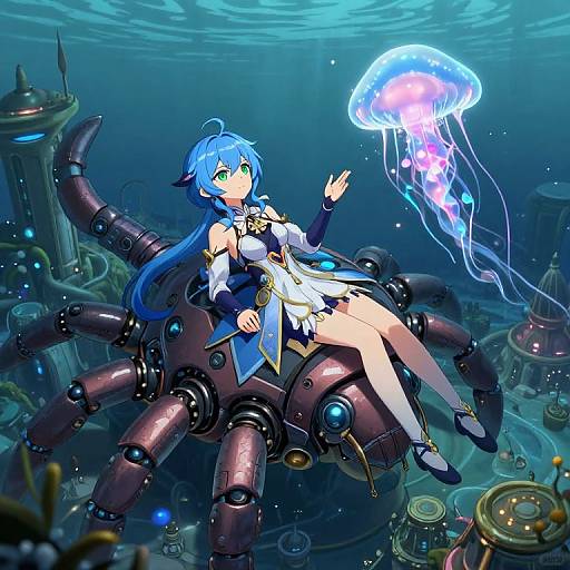 Digital anime artwork of a blue-haired girl in a white and blue outfit, floating underwater, surrounded by mechanical tentacles, with a glowing jellyfish nearby