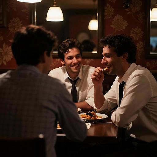 Friends Dining and Laughing in Cozy Restaurant