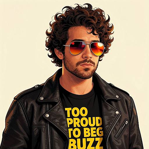 Digital art of a curly-haired man with a beard, wearing reflective orange sunglasses, black leather jacket, and 