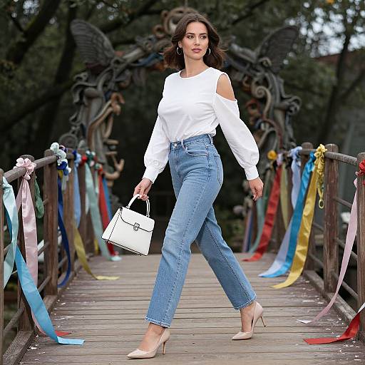 Photograph of a stylish woman with shoulder-cut white top, blue jeans, and beige heels, walking on a colorful bridge, holding a white handbag