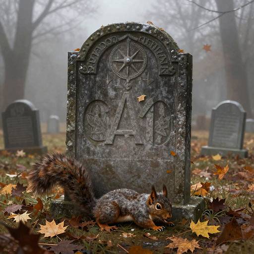 Weathered Tombstone in Foggy Graveyard