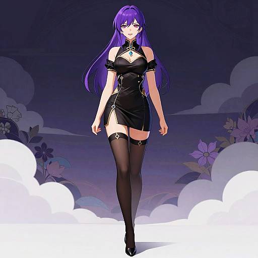 Anime Woman with Purple Hair in Elegant Black Dress