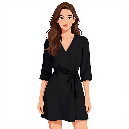 Digital illustration of a fair-skinned woman with long brown hair, wearing a black V-neck wrap dress, standing against a white background.