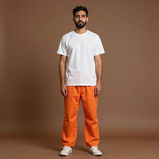 Man in White T-Shirt and Orange Pants Standing