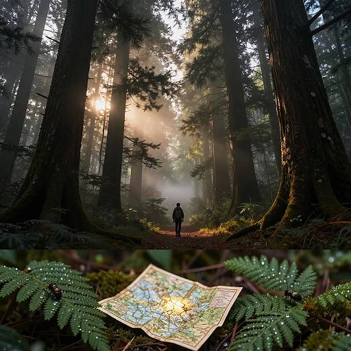 Photograph of a solitary figure in a misty forest, standing near towering trees, with a glowing map on the forest floor.