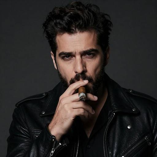 Man Smoking Cigar in Black Leather Jacket