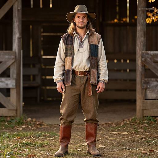 Photograph of a long-haired man in a brown hat, white shirt, patchwork vest, brown pants, and leather boots, standing in front of