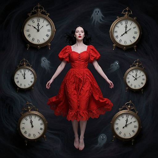 Surreal Woman with Floating Clocks