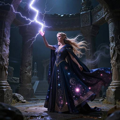 Digital artwork of a magical queen with a crown, holding a glowing lightning bolt. She wears a starry, dark blue gown in a ruined, ancient