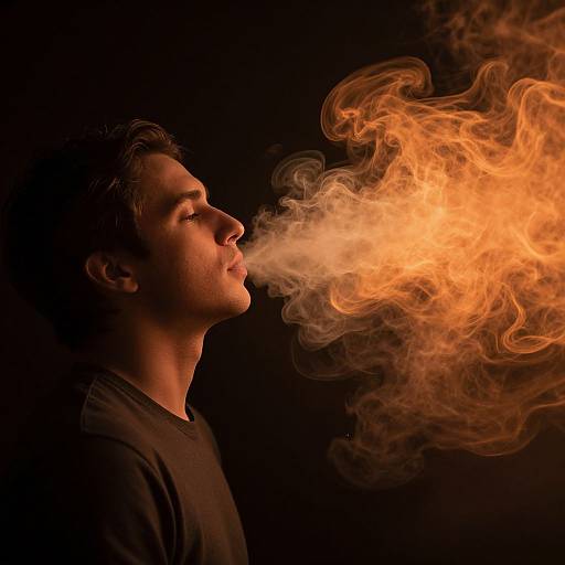 Photograph of a young man with short brown hair, black shirt, exhaling a large, orange, swirling cloud of smoke against a black background.