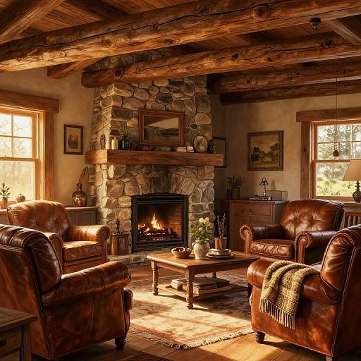 Cozy rustic living room with brown leather armchairs, stone fireplace, wooden ceiling beams, warm sunlight, and a lit fireplace.