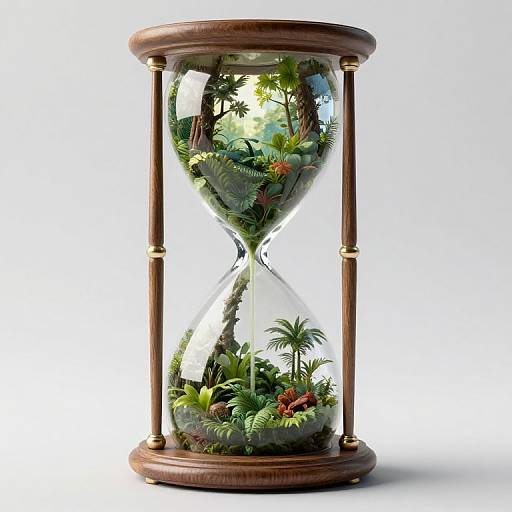 Photograph of a wooden hourglass filled with a miniature, lush jungle scene, including palm trees, ferns, and sunlight filtering through.