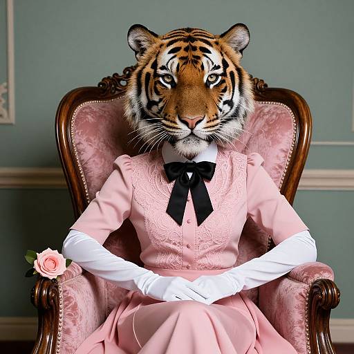 Photograph of a tiger with a human-like body in a pink lace dress, white gloves, and black ribbon, seated on an ornate pink chair
