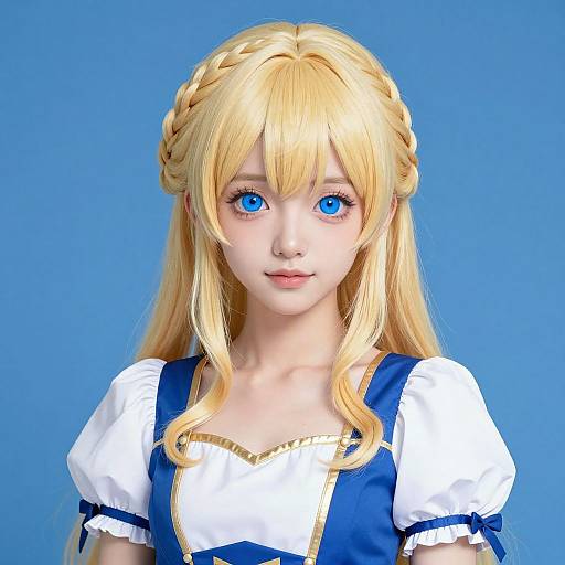 Digital CGI portrait of a young anime-style girl with long blonde hair, blue eyes, and a blue and white dress, set against a solid blue background