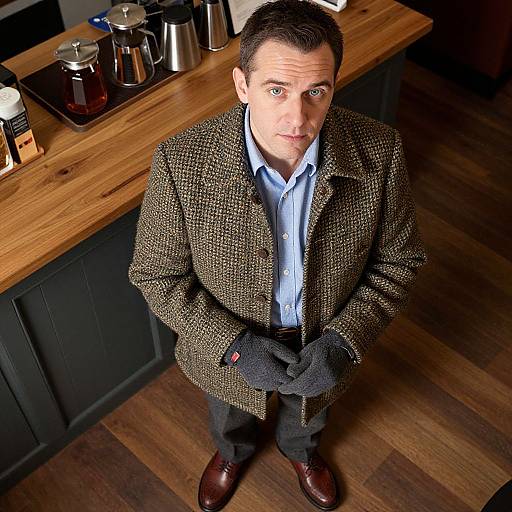 Photograph of a middle-aged man with short dark hair, wearing a brown tweed jacket, blue shirt, black gloves, and brown shoes, standing