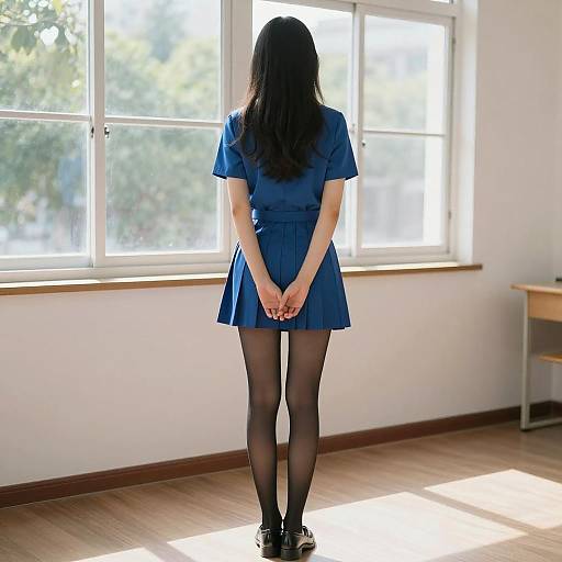 Subject in Blue Uniform Against Bright Backdrop