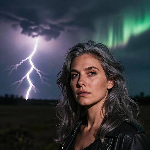 Photograph of a woman with long, wavy gray hair, piercing gaze, and hoop earrings, against a stormy night sky with bright lightning and