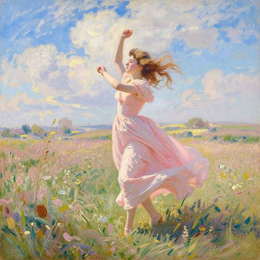 Impressionist-style painting of a joyful woman in a flowing pink dress dancing in a sunlit meadow with colorful wildflowers and a bright blue sky