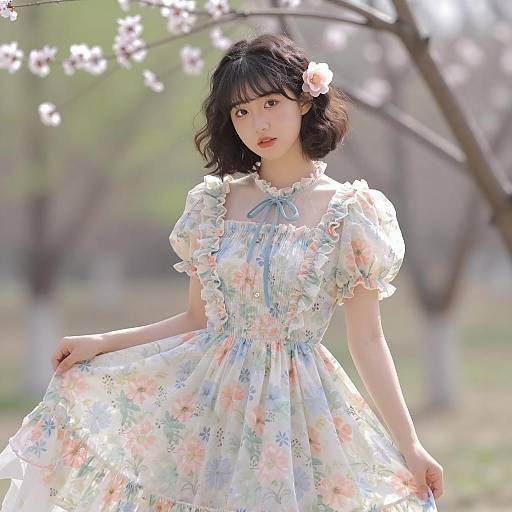 Young Woman in Pastel Floral Dress Outdoor Portrait