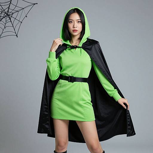Photograph of an Asian woman in a neon green hooded dress with black cape, black belt, and spider web in background.