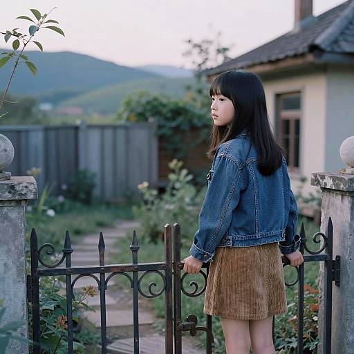 Photograph of an Asian woman with long black hair, wearing a denim jacket and brown corduroy skirt, standing by a black iron gate in a
