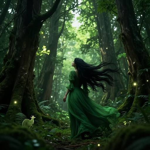 Digital painting of a lone woman with long black hair in a green dress, standing in a mystical, sunlit forest, surrounded by glowing fireflies and