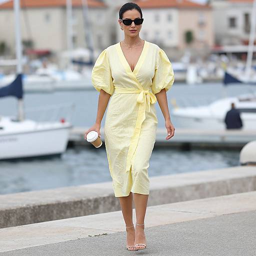 Photograph of a woman in a yellow, V-neck, short-sleeve, wrap dress, holding a white cup, walking by a marina