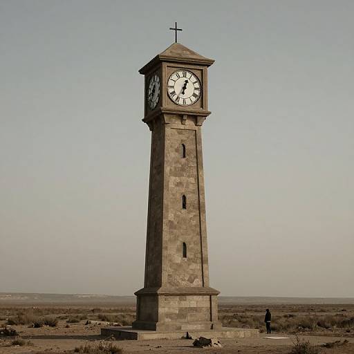 Photograph of a tall, rectangular stone clock tower with a black and white face, set against a clear, pale blue sky and sparse desert landscape.