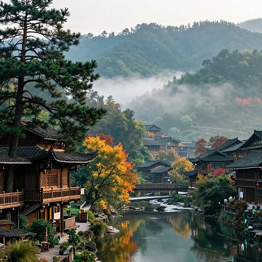 Photograph of traditional Japanese village with wooden houses, autumn-colored trees, misty mountains, and a serene river reflecting the scenery.