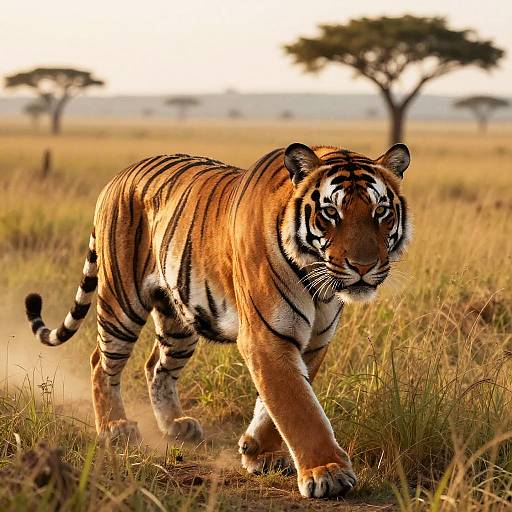 Majestic Tiger Walking in Savannah Grassland