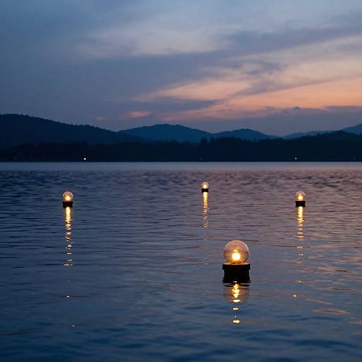 Photograph of a calm lake at dusk, illuminated by five floating, glowing glass orbs, reflecting on the water, with a blue and pink sunset sky