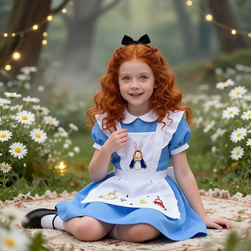 Photograph of a curly red-haired girl in a blue Alice in Wonderland dress with white apron, sitting in a flower-filled forest, fairy lights in