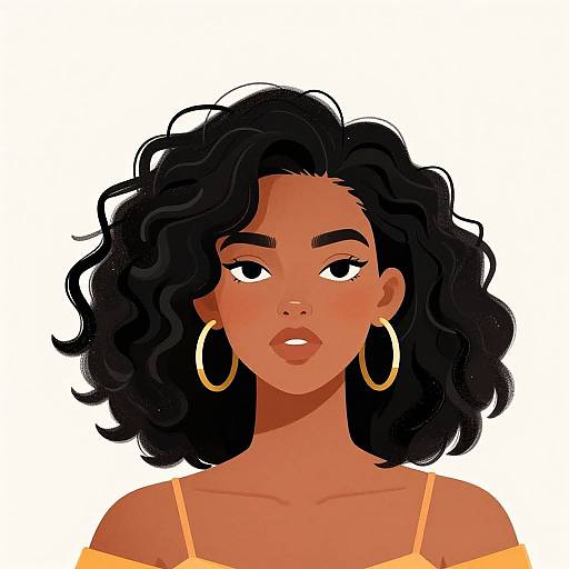 Digital illustration of a dark-skinned woman with wavy black hair, wearing large gold hoop earrings and an off-shoulder yellow top, looking confidently