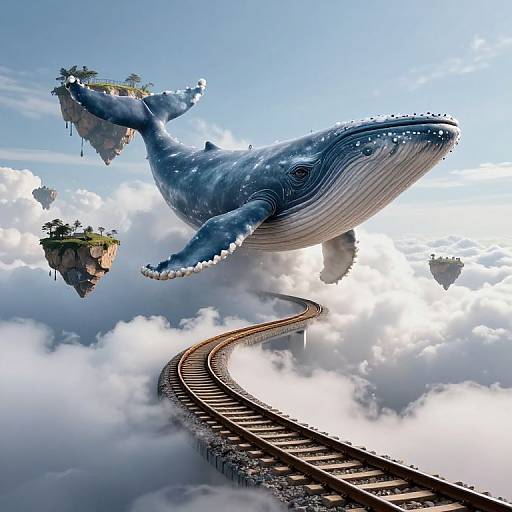 Digital artwork of a massive blue whale soaring above a winding railway track, surrounded by floating islands and fluffy clouds.