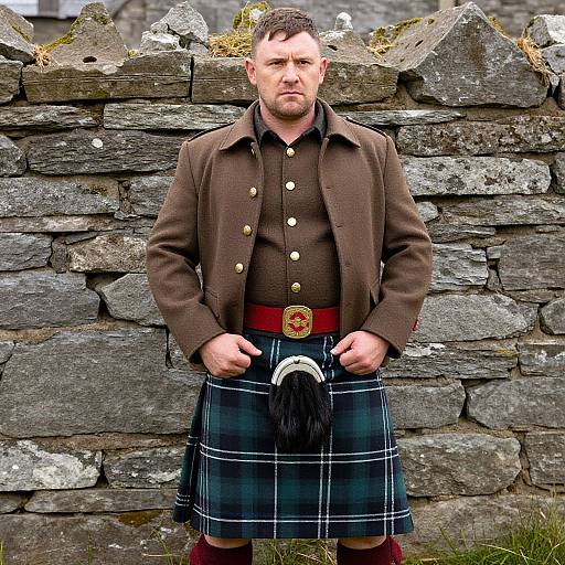 Photograph of a serious, fair-skinned man in traditional Scottish attire, brown jacket, black shirt, plaid kilt, sporran, against