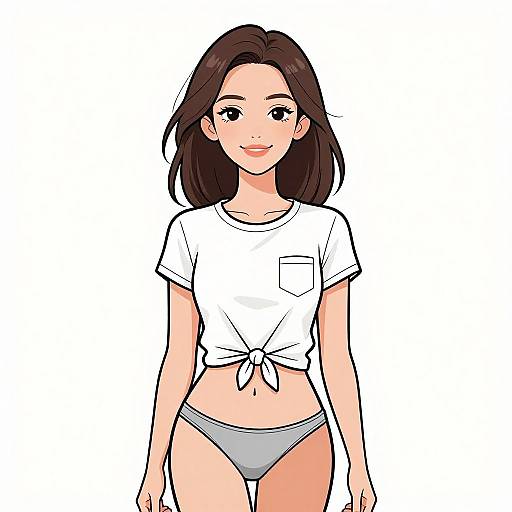 Digital anime-style drawing of a cute young woman with medium-length dark brown hair, wearing a tied white shirt and gray panties, smiling against a white background