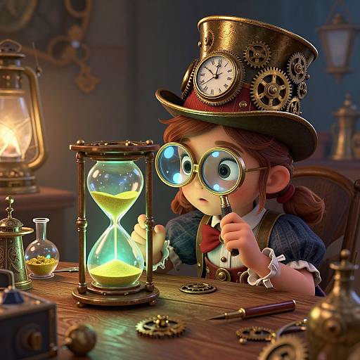 Steampunk girl with round glasses, brown pigtails, and a brass clock-top hat examines glowing hourglass on wooden table, surrounded by lantern