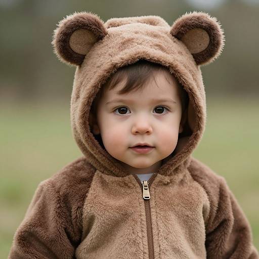 Photograph of a chubby-cheeked, fair-skinned toddler with brown eyes, wearing a brown bear-themed hooded fleece jacket, standing outdoors in