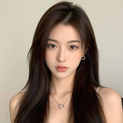 Digital portrait of an East Asian woman with long, straight black hair, light skin, brown eyes, wearing a silver necklace and earrings, against a plain