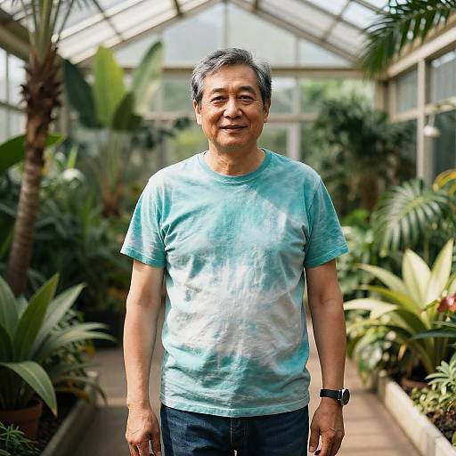 Sunlit Greenhouse Gardener in Turquoise Shirt